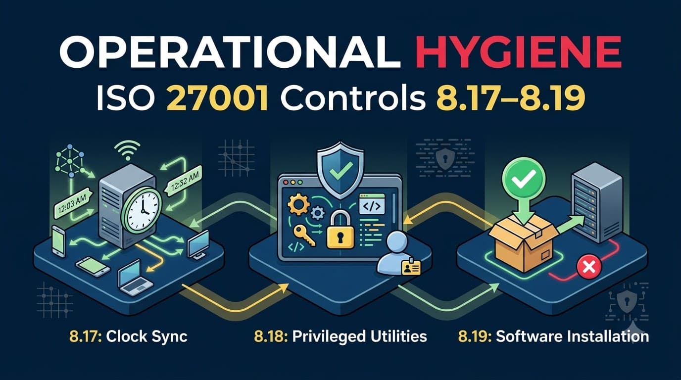 Operational Hygiene: ISO 27001 Controls 8.17–8.19 (Clock Sync, Privileged Utilities, Software Installation)